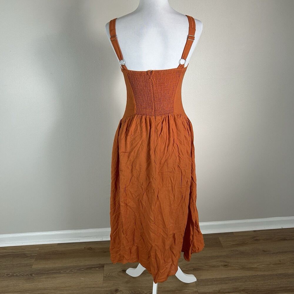 Moon River XS Midi Dress Orange Linen Eyelet Basque Waist Sleeveless Cottage - Picture 2 of 6